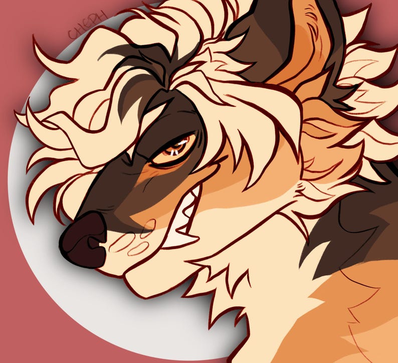K&ouml;nnte beinhalten: Digitale Illustration einer wolfs&auml;hnlichen Kreatur mit einem wilden Ausdruck. Das Kunstwerk zeigt eine Farbpalette aus Braun, Beige und Creme, mit scharfen Z&auml;hnen und intensiven Augen. Der Hintergrund ist ein weiches Rot mit einem wei&szlig;en Kreis.