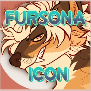 K&ouml;nnte beinhalten: Digitale Illustration eines stilisierten, anthropomorphen Wolfes mit grimmigem Gesichtsausdruck. Der Schriftzug "FURSONA ICON" in T&uuml;rkis, wei&szlig; umrandet, ist zu sehen. Das Fell des Wolfes ist eine Mischung aus Beige-, Braun- und Cremet&ouml;nen.