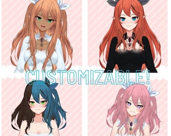 Könnte beinhalten: Eine digitale Illustration von sechs anpassbaren 2D-VTuber-Avataren mit verschiedenen Haarfarben, -stilen und Outfits. Der Text "LIVE 2D VTUBER CUSTOMIZABLE!" wird im Bild angezeigt.