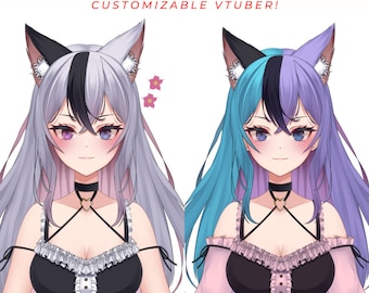 May include: Two anime-style illustrations of a female character with cat ears and a black and white hairstyle. The character on the left has purple and gray hair, while the character on the right has blue and purple hair. Both characters are wearing a black and white dress with a pink collar and a black choker.