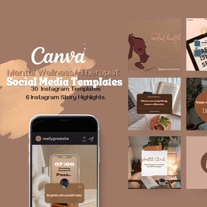 Puede incluir: Una colección de plantillas de redes sociales para terapeutas de bienestar mental. Las plantillas presentan una variedad de diseños, que incluyen una mujer con la cabeza en las manos, una computadora portátil con el texto "Now accepting new clients" y una pantalla de teléfono con el texto "Be gentle with yourself today".