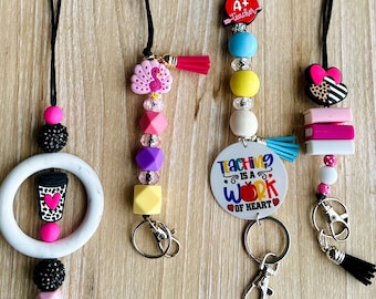 Beaded Silicone Teacher Lanyard | Peacock, Coffee, Books