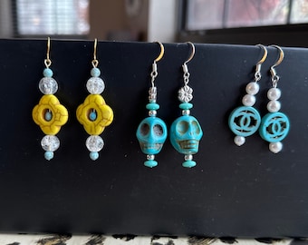Skull Earrings | Day of the Dead Earrings | Turquoise Earrings | Dia de Los Muertos Earrings | Dangle Earrings | Drop Style Earrings | Wood