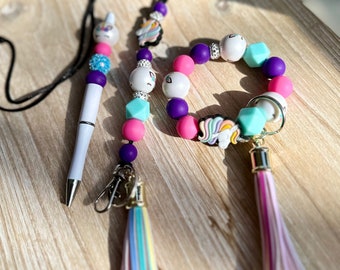 Unicorn Beaded Pen and Wristlet Set | Handmade Teacher Gift