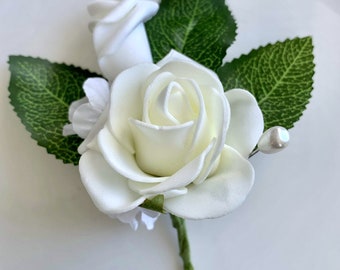 Ivory White Rose Boutonnière Accessory for Men | High Quality Artificial Foam Roses - Perfect for Prom, Weddings