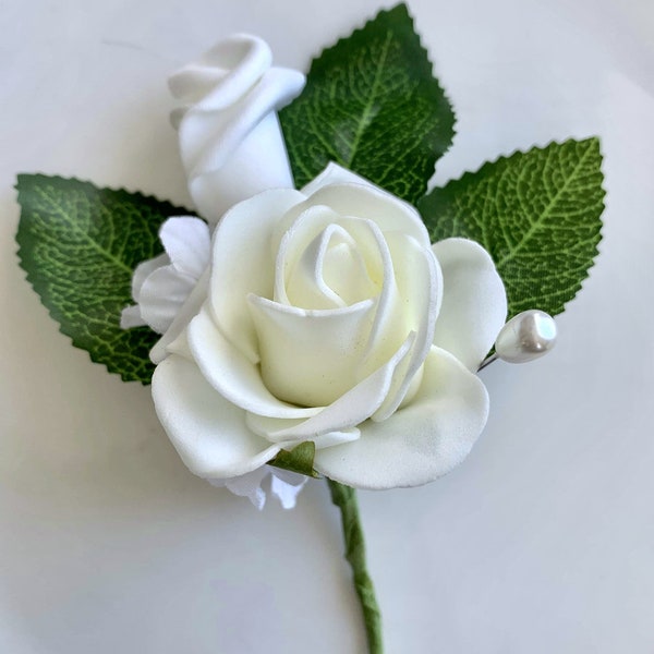 Ivory White Rose Boutonnière Accessoire für Männer | Hochwertige künstliche Schaumrosen - Perfekt für Abschlussball, Hochzeiten