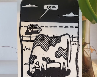 ROADTRIP Linocut Block Print, Original Wall Art 4x6"