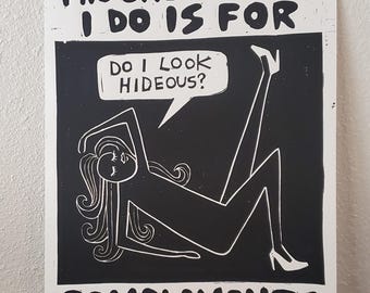 Linocut Block Print, Original Wall Art, "Fishing for Compliments"