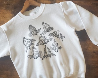 Block-printed Upcycled Vintage Crew-neck, Small, “Fishies”