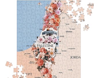May include: A Palestine map puzzle with a floral design. The puzzle features a map of Palestine, with the word "PALESTINE" in large letters. The map is filled with colorful flowers. Some puzzle pieces are separate.