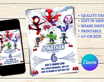 May include: A birthday invitation featuring various Spider-Man characters, including Spider-Man, Miles Morales, and Spider-Gwen. The invitation is white with blue accents, a spiderweb design, and the text "Jonathan is turning 6". The invitation is 5 x 7 cm.