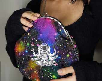 Crossbody Bag Cosmic Spaceman. Cotton Handmade Crossbody Mini Bag. Space clasp purse.