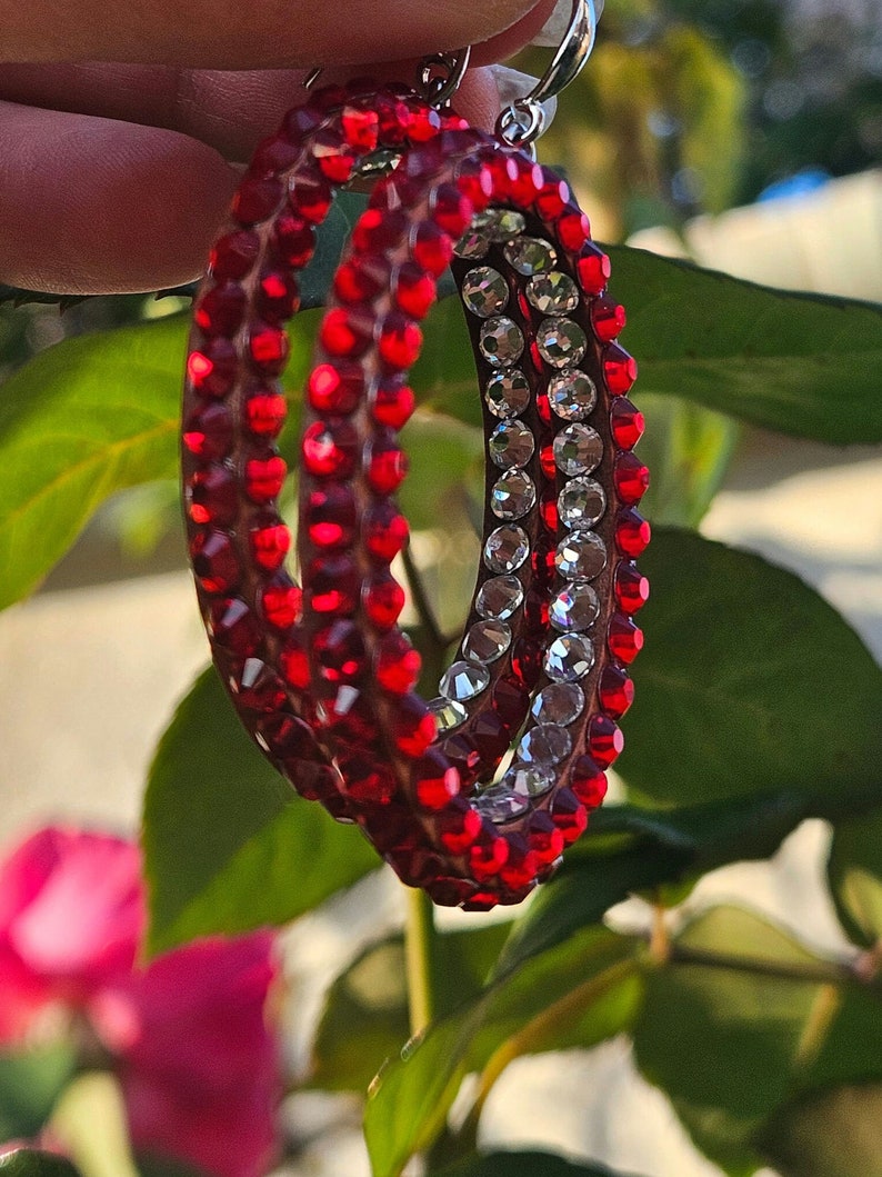 May include: A pair of hoop earrings with a double row of red and clear rhinestones.