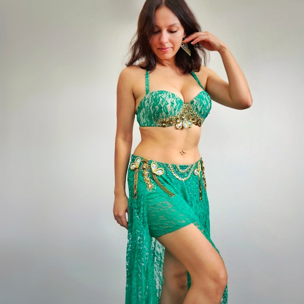 Green Blue Gold Belly Dance Costume Size S-M, Competition dress, Stage outfit, Bedlah