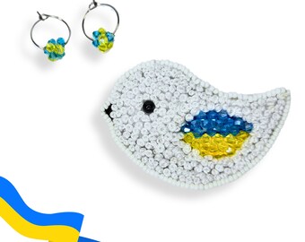 Ukrainian bird embroidered handmade brooch and earrings, Ukrainian flag colour set jewelry