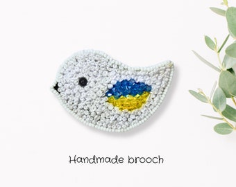 Ukrainian bird embroidered handmade brooch and earrings, Ukrainian flag colour set jewelry. Gift for her