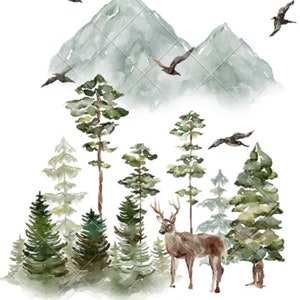 Peut inclure: Peinture à l'aquarelle d'une scène de forêt hivernale avec un cerf debout au milieu des arbres. L'arrière-plan présente des montagnes et des oiseaux en vol. Le texte "Croyez en la magie de la saison" est écrit en bas de l'image.