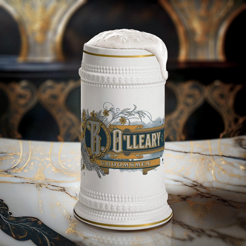 Art Deco beer stein, personalized beer mug, vintage beer stein, groomsmen gift, custom wedding beer mug, 
ornate beer mug, best man beer stein, Father's Day beer gift, bachelor party beer mug, retro art deco beer stein