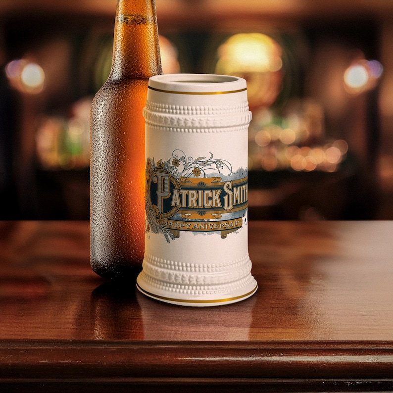 Art Deco beer stein, personalized beer mug, vintage beer stein, groomsmen gift, custom wedding beer mug, 
ornate beer mug, best man beer stein, Father's Day beer gift, bachelor party beer mug, retro art deco beer stein