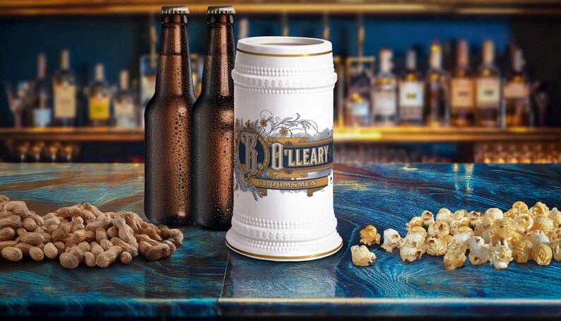 Art Deco beer stein, personalized beer mug, vintage beer stein, groomsmen gift, custom wedding beer mug, 
ornate beer mug, best man beer stein, Father's Day beer gift, bachelor party beer mug, retro art deco beer stein