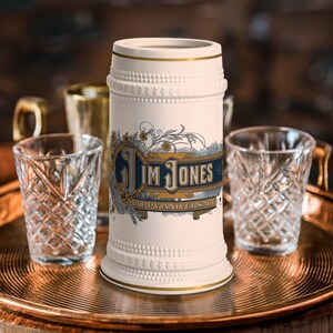 Art Deco beer stein, personalized beer mug, vintage beer stein, groomsmen gift, custom wedding beer mug, 
ornate beer mug, best man beer stein, Father's Day beer gift, bachelor party beer mug, retro art deco beer stein