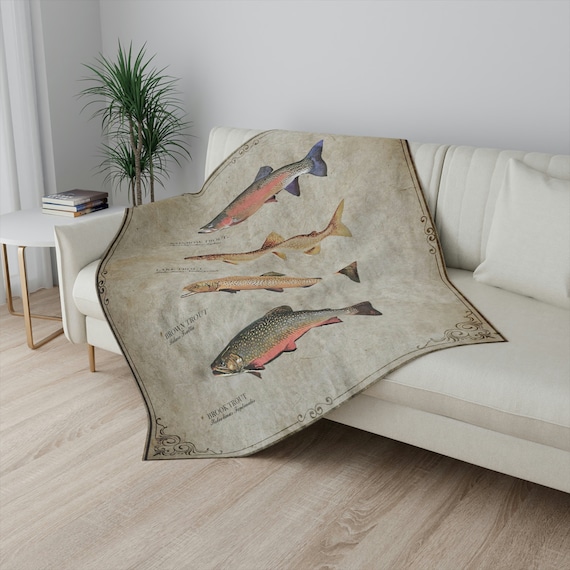Cozy Fishing Vintage Style Sherpa Blanket, Natural History Art