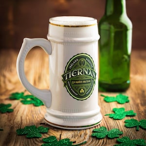 Personalized Ceramic Beer Stein - Custom Vintage Mug for Beer Lovers, Irish, Oktoberfest & St. Patricks Day Gift for Him, Groom, Fathers Day