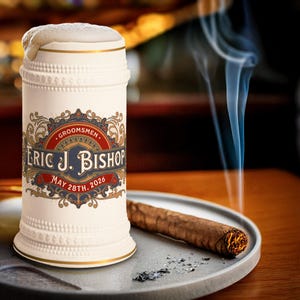 Personalized Cigar Label Beer Stein,  Customized Vintage Style Ceramic Beer Mug,  Groomsmen Wedding Gift, Fathers Day Gift, Beer Lovers Gift