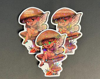 Mushroom Fairy Girl Holographic Sticker (2x3 in)