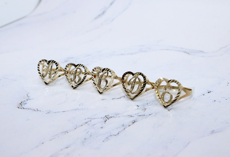 10k Gold Initial Heart Rings With Diamond Cut Around Etsy