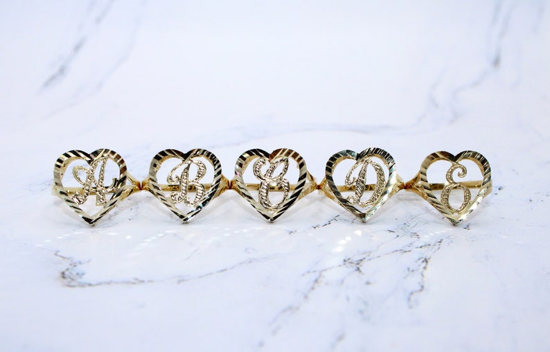 10k Gold Initial Heart Rings With Diamond Cut Around Etsy