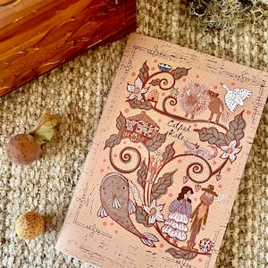 May include: A vintage-style illustration of a catfish, a couple, and other whimsical creatures. The illustration is printed on a light brown paper with a textured surface. The text "Catfish Kate" is printed in the center of the illustration.