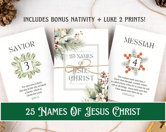 May include: Three white cards with text and illustrations. The cards are titled "Savior," "25 Names of Jesus Christ," and "Messiah." The "Savior" card has a green wreath around the number 3. The "Messiah" card has a red berry wreath around the number 4.