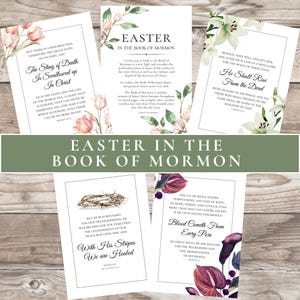 Puede incluir: Cuatro tarjetas imprimibles con diseños florales y texto sobre la Pascua en el Libro de Mormón. Las tarjetas presentan citas del Libro de Mormón sobre la resurrección de Jesucristo. Las tarjetas están en tonos de rosa, blanco, morado y verde.