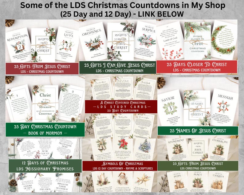 May include: A selection of Christmas countdown cards with titles such as "25 Gifts From Jesus Christ" and "25 Days Closer to Christ." The cards are decorated with festive imagery and text. The cards are displayed on a neutral surface.