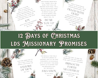 Puede incluir: Un conjunto de seis tarjetas blancas con textos religiosos e ilustraciones en acuarela de ramas de pino, piñas y bayas rojas. Las tarjetas incluyen frases como Joy, Bear You Up, Filled With Light, Saviors of Men, Salvation y Bringeth Forth Much Fruit.