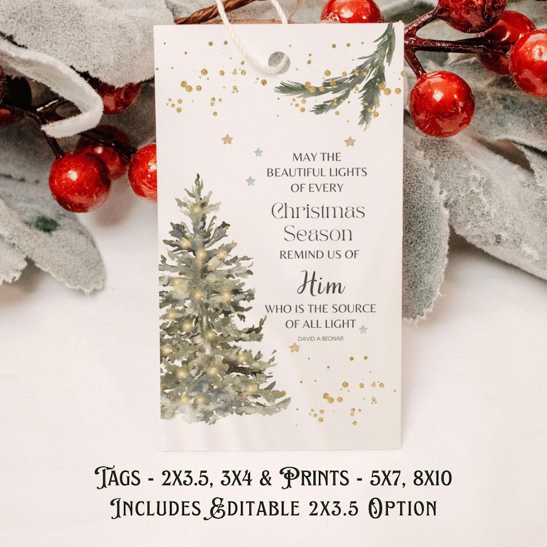 May include: A white Christmas gift tag featuring a Christmas tree illustration and the text "May the beautiful lights of every Christmas season remind us of Him". The tag is decorated with gold stars and a sprig of greenery.