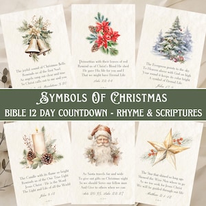 May include: A collection of six Christmas-themed cards with watercolor illustrations and text. The cards feature images of bells, poinsettias, a Christmas tree, a candle, Santa Claus, and a star. Each card includes a Bible verse and a short poem. The banner reads "SYMBOLS OF CHRISTMAS BIBLE 12 DAY COUNTDOWN - RHYME & SCRIPTURES."
