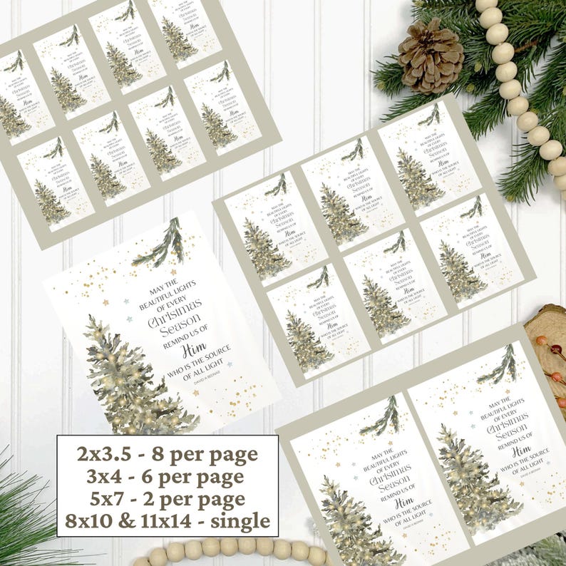 May include: Christmas cards featuring a watercolor Christmas tree design and the text "May the beautiful lights of every Christmas season remind us of Him." Available in various sizes, including 2x3.5, 3x4, 5x7, 8x10, and 11x14 inches.
