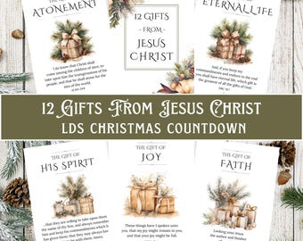 May include: A collection of 12 Christmas cards with the text "12 Gifts From Jesus Christ LDS Christmas Countdown." Each card features a gift box illustration and a related scripture. Includes bonus nativity and Luke 2 prints.