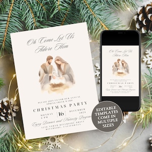 Könnte beinhalten: Eine Weihnachtsparty-Einladung mit dem Text "Oh Come Let Us Adore Him" und einer Illustration der Krippenszene. Die Einladung hat einen cremefarbenen Hintergrund und enthält Veranstaltungsdetails. Ein Smartphone zeigt die Einladung mit dem Text "Editable templates come in multiple sizes."