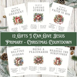 Könnte beinhalten: Weihnachtskarten-Set mit dem Text "12 Geschenke, die ich Jesus geben kann". Jede Karte zeigt eine Geschenkbox-Illustration und einen Titel wie "Gehorsam sein" oder "Andere lieben".