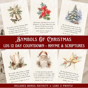 May include: A collection of six watercolour Christmas cards, each depicting a different festive symbol with accompanying scripture verses. The cards are labelled "Symbols of Christmas" and are part of an LDS 12-day countdown.