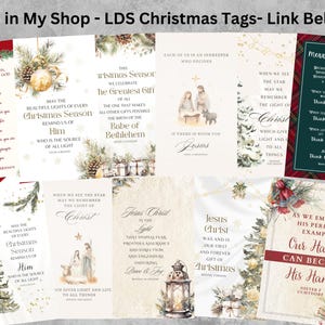 May include: A selection of Christmas gift tags with diverse designs and quotes. The tags showcase festive imagery such as Christmas trees, baubles, and religious figures. Text includes holiday greetings and inspirational messages.