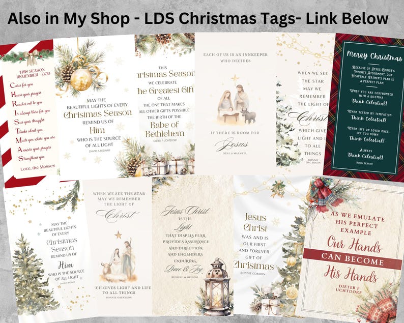 May include: A selection of Christmas gift tags with diverse designs and quotes. The tags showcase festive imagery such as Christmas trees, baubles, and religious figures. Text includes holiday greetings and inspirational messages.