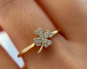 14k Solid Gold Clover Ring, Gold Dainty Ring, Clover Symbol Gemstone Gold Ring for Women, Gift, Gold Ring, Mothers Ring with Birthstones