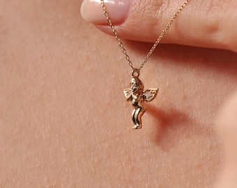 14K Gold Angel Necklace, Cubic Zirconia Pendant