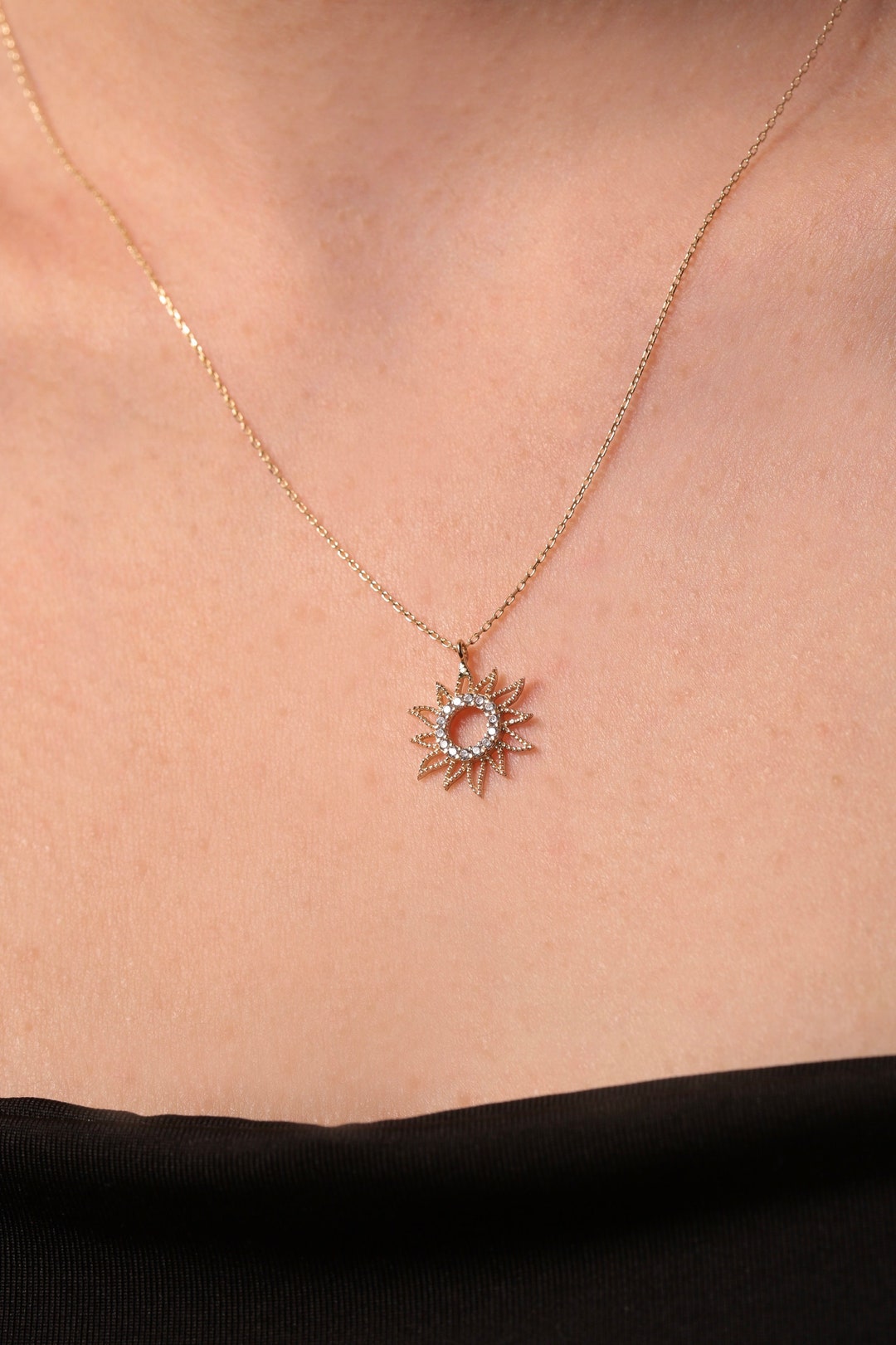 14K Solid Gold Sun Necklace, Sunburst Celestial Pendant, Sun