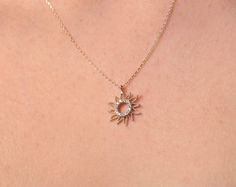 14K Solid Gold Sun Necklace, Sunburst Celestial Pendant, Sun