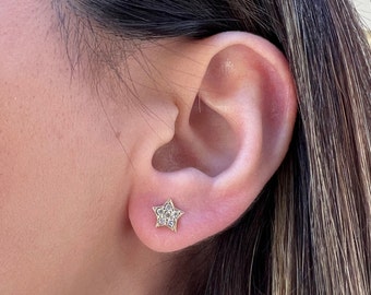 14K Solid Gold Star Stud Earrings, Cubic Zirconia Celestial Studs